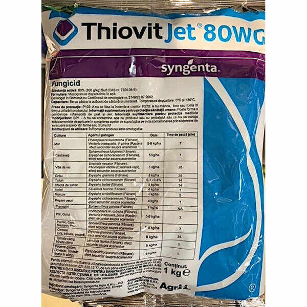 Thiovit Jet 80WG 1 kg, fungicid de contact pe baza de Sulf, Syngenta, fainare (ardei, cais, castraveti, orz, triticale, secara, dovleac, mar, morcov, nectarin)
