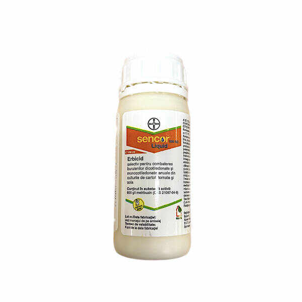 Sencor Liquid 600SC 100 ml, erbicid selectiv preemergent/ postemergent, Bayer, combate buruienile dicotiledonate si monocotiledonate anuale din culturile de cartof, tomate, soia