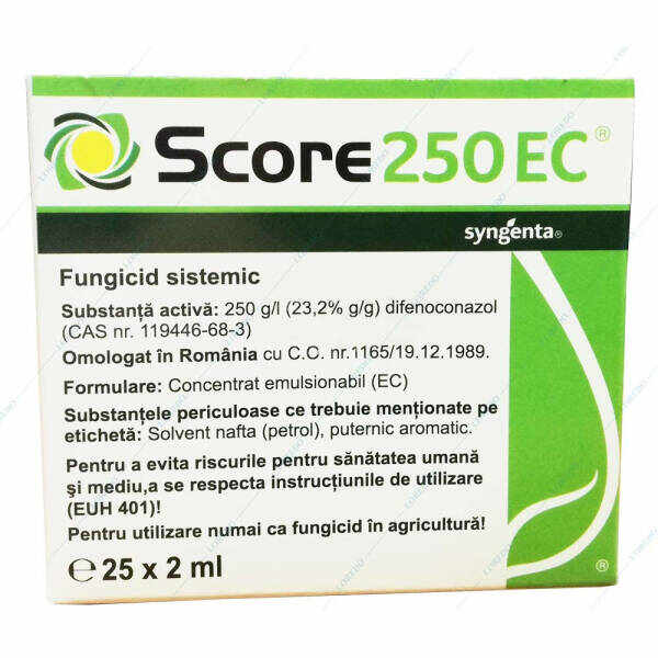 Score 250EC 2 ml, fungicid sistemic, Syngenta, Rapan, Monilioza, Fainare, Alternarioza, Basicarea frunzelor; (cais, capsun, cires, mar, piersic, rapita, sfecla zahar, tomate, visin)