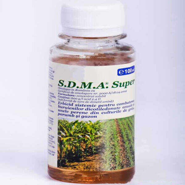 SDMA Super 600SL 100 ml, erbicid sistemic selectiv, buruieni dicotiledonate anuale si perene in culturile de porumb, grau, gazon