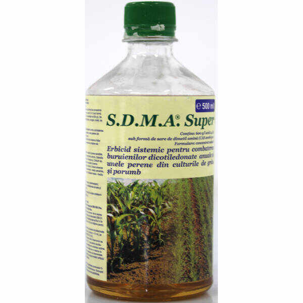 SDMA Super 600SL 500 ml, erbicid sistemic selectiv, buruieni dicotiledonate anuale si perene in culturile de porumb, grau, gazon