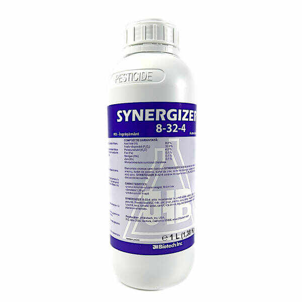 Synergizer 8-32-4 1L, ingrasamant foliar tip NPK+ microelemente (Fier, Mangan, Zinc, Acizi humici) pentru grau, orz, prun, piersic, cires, mar, par, vita de vie, cartof, tomate, ardei, lucerna