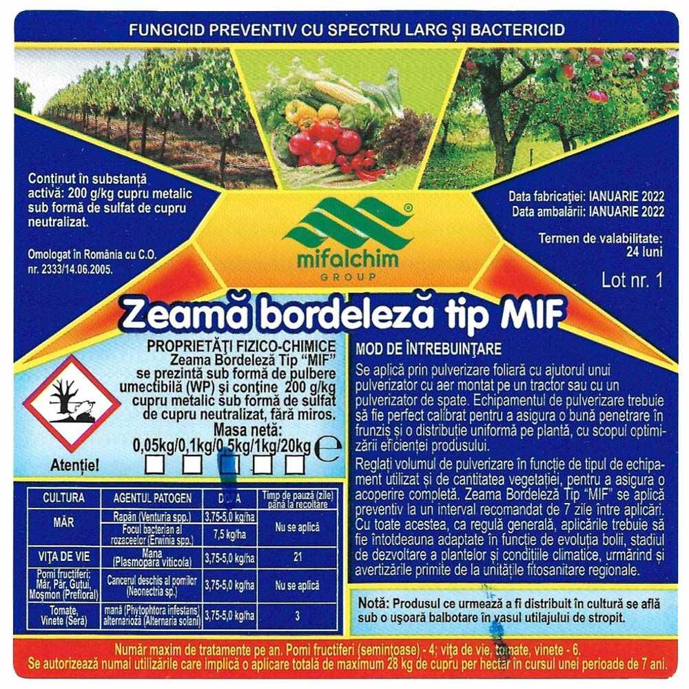 Zeama bordeleza tip MIF cu rol bactericid si fungicid 500 gr