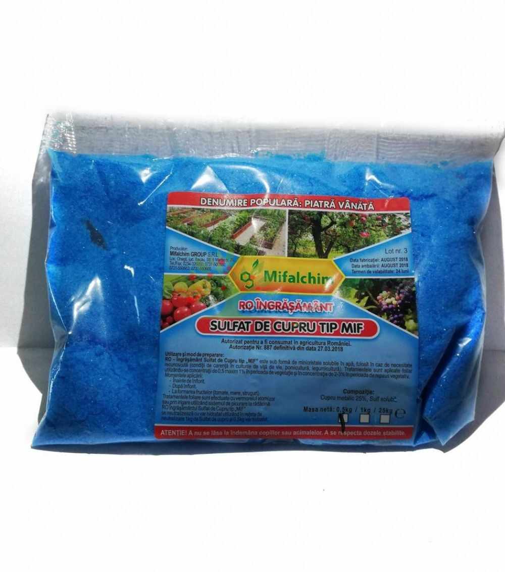 Sulfat de cupru tip MIF pentru stropire pomi fructiferi vita de vie si legume - 500 grame