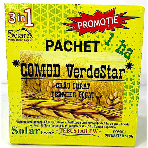 Pachet Comod VerdeStar 1HA, pentru grau, Solarex, pachet erbicid (Comod Superstar 30 gr+ Tebustar EW 500 ml) + ingrasamant foliar (Solar Verde 3L)